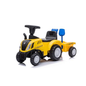 Tractor con asiento New Holland con remolque amarillo